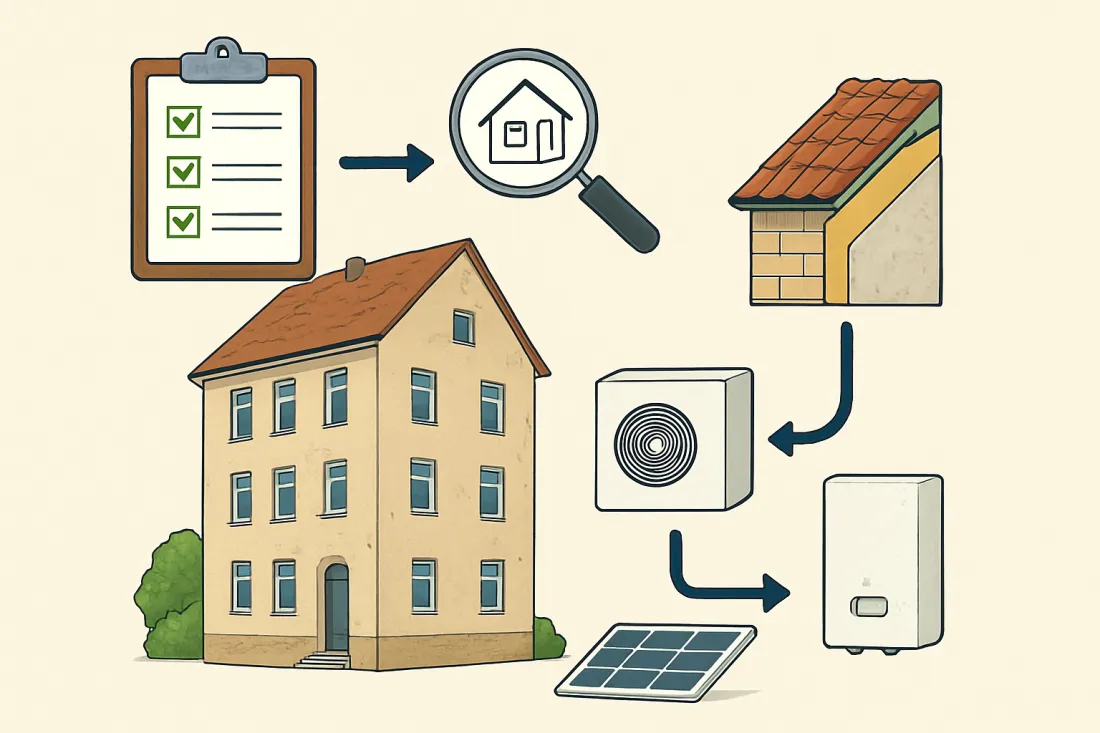 Altbau energetisch sanieren wo anfangen: Schaubild der wichtigsten Elemente