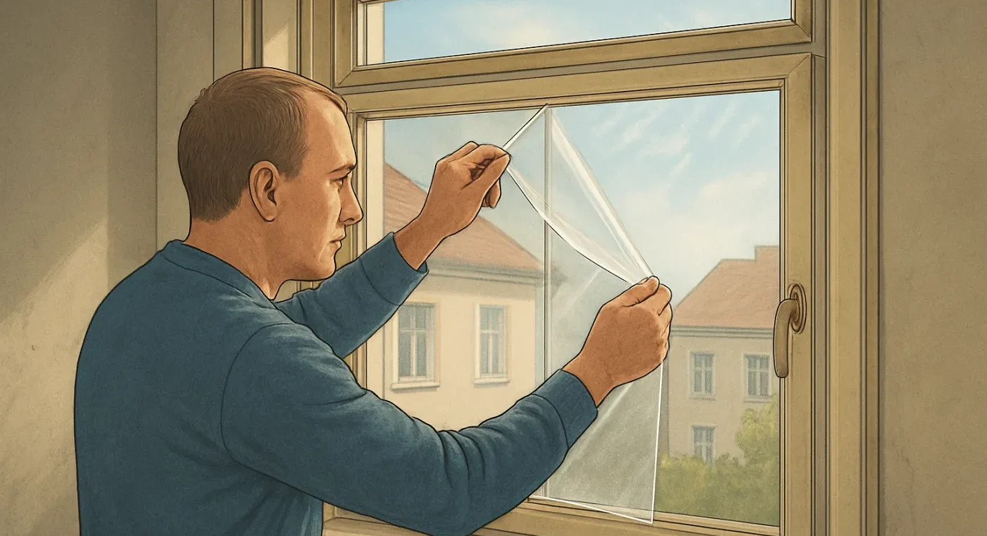 Wärmeschutzfolie am Fenster im Altbau