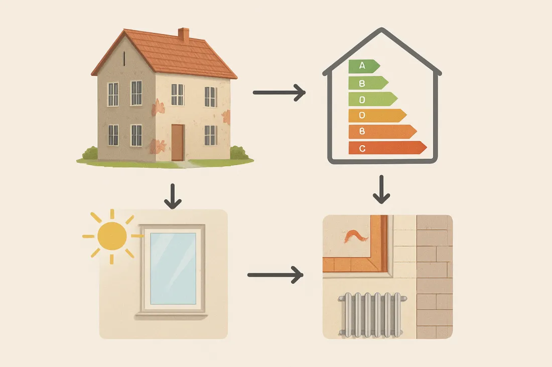 Altbau energetisch sanieren ohne kernsanierung: Schaubild der wichtigsten Elemente
